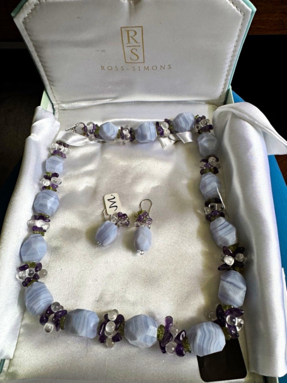Ross-Simons Blue Faceted Agate Bead Necklace & Dangle Earrings Jewelry Set